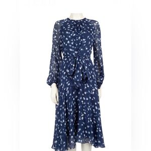 Carolina Herrera Navy and White Polka Dot Long Sleeve Tie-Waist Dress